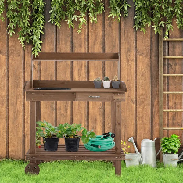 Outsunny 36" Wooden Potting Bench Work Table with 2 Removable Wheels, Garden Workstation with Removable Sink, Drawer and Large Storage Spaces, Brown - product image 2