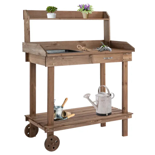 Outsunny 36" Wooden Potting Bench Work Table with 2 Removable Wheels, Garden Workstation with Removable Sink, Drawer and Large Storage Spaces, Brown - product image 11