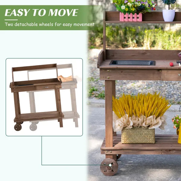 Outsunny 36" Wooden Potting Bench Work Table with 2 Removable Wheels, Garden Workstation with Removable Sink, Drawer and Large Storage Spaces, Brown - product image 6