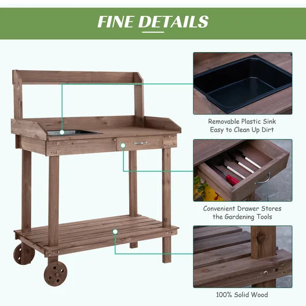 Outsunny 36" Wooden Potting Bench Work Table with 2 Removable Wheels, Garden Workstation with Removable Sink, Drawer and Large Storage Spaces, Brown - product image 5