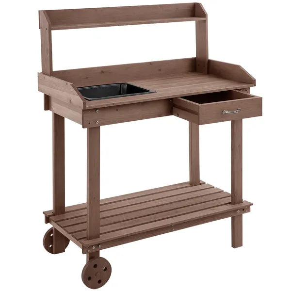 Outsunny 36" Wooden Potting Bench Work Table with 2 Removable Wheels, Garden Workstation with Removable Sink, Drawer and Large Storage Spaces, Brown - product image 1