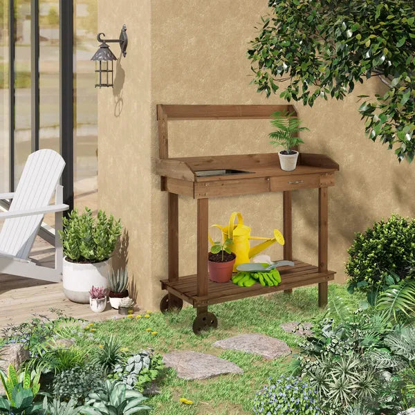 Outsunny 36" Wooden Potting Bench Work Table with 2 Removable Wheels, Garden Workstation with Removable Sink, Drawer and Large Storage Spaces, Brown - product image 10