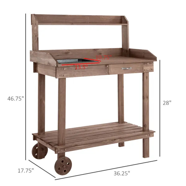 Outsunny 36" Wooden Potting Bench Work Table with 2 Removable Wheels, Garden Workstation with Removable Sink, Drawer and Large Storage Spaces, Brown - product image 3
