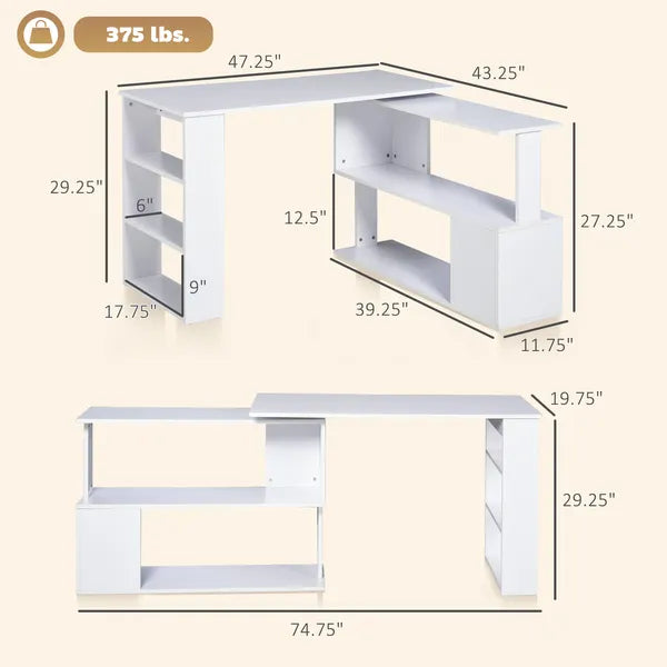 HOMCOM 360 Degree Rotating L-Shaped Home Office Computer Desk with Storage Shelves White - product image 3