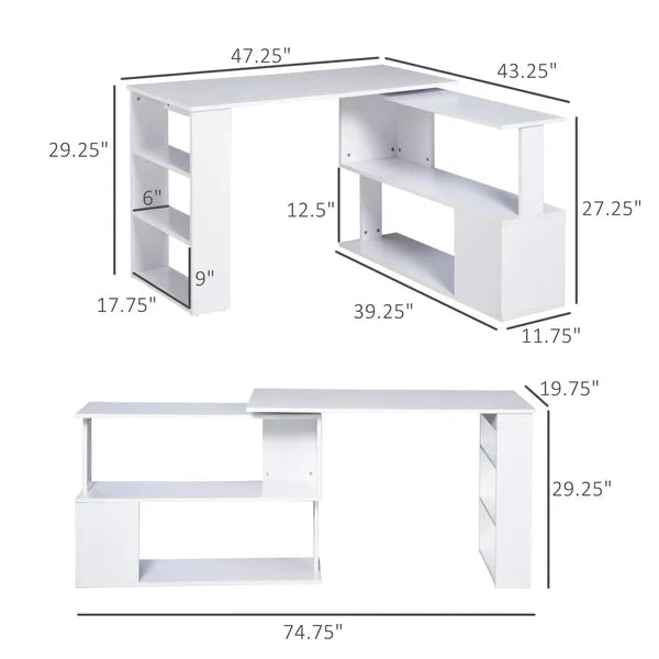 HOMCOM 360 Degree Rotating Home Office Desk L Shaped Corner Computer Desk with Storage Shelves, Writing Table Workstation, White - product image 3