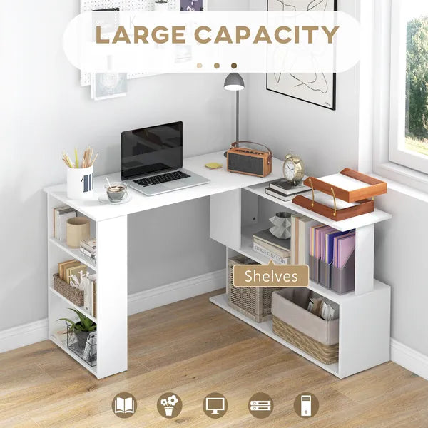 HOMCOM 360 Degree Rotating Home Office Desk L Shaped Corner Computer Desk with Storage Shelves, Writing Table Workstation, White - product image 4