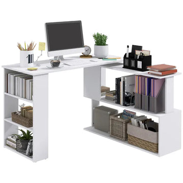 HOMCOM 360 Degree Rotating Home Office Desk L Shaped Corner Computer Desk with Storage Shelves, Writing Table Workstation, White - product image 1