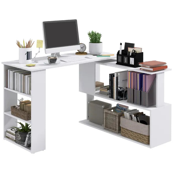 HOMCOM 360 Degree Rotating Home Office Desk L Shaped Corner Computer Desk with Storage Shelves, Writing Table Workstation, White - product image 1