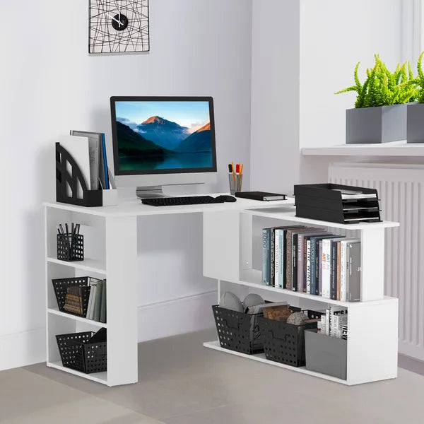 HOMCOM 360 Degree Rotating Home Office Desk L Shaped Corner Computer Desk with Storage Shelves, Writing Table Workstation, White - product image 2