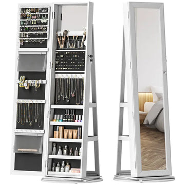 360 degree Swivel Jewelry Armoire, Lockable Jewelry Cabinet with Full-Length Mirror, Storage Shelves, White - product image 1