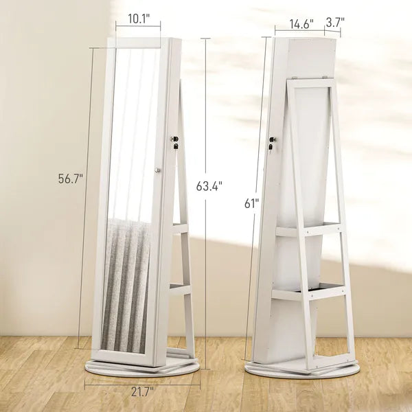 360 degree Swivel Jewelry Armoire, Lockable Jewelry Cabinet with Full-Length Mirror, Storage Shelves, White - product image 3