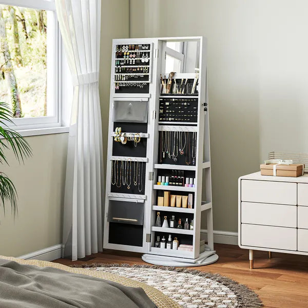 360 degree Swivel Jewelry Armoire, Lockable Jewelry Cabinet with Full-Length Mirror, Storage Shelves, White - product image 10