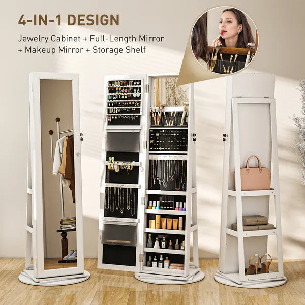 360 degree Swivel Jewelry Armoire, Lockable Jewelry Cabinet with Full-Length Mirror, Storage Shelves, White - product image 4