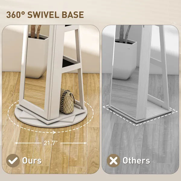 360 degree Swivel Jewelry Armoire, Lockable Jewelry Cabinet with Full-Length Mirror, Storage Shelves, White - product image 5
