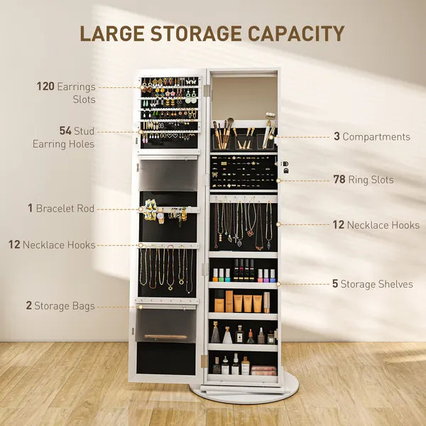 360 degree Swivel Jewelry Armoire, Lockable Jewelry Cabinet with Full-Length Mirror, Storage Shelves, White - product image 6