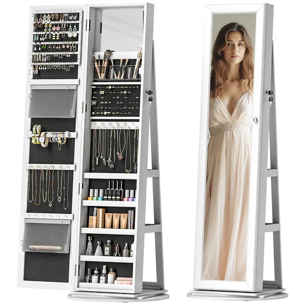 360 degree Swivel Jewelry Armoire, Lockable Jewelry Cabinet with Full-Length Mirror, Storage Shelves, White - product image 11
