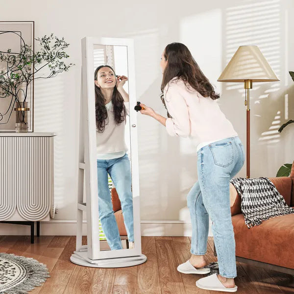 360 degree Swivel Jewelry Armoire, Lockable Jewelry Cabinet with Full-Length Mirror, Storage Shelves, White - product image 2