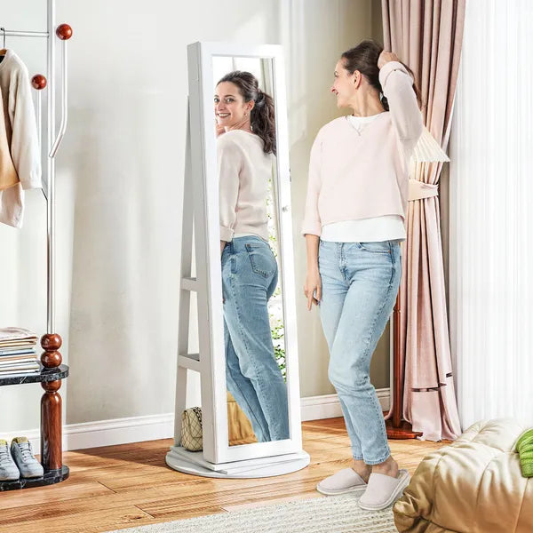 360 degree Swivel Jewelry Armoire, Lockable Jewelry Cabinet with Full-Length Mirror, Storage Shelves, White - product image 8