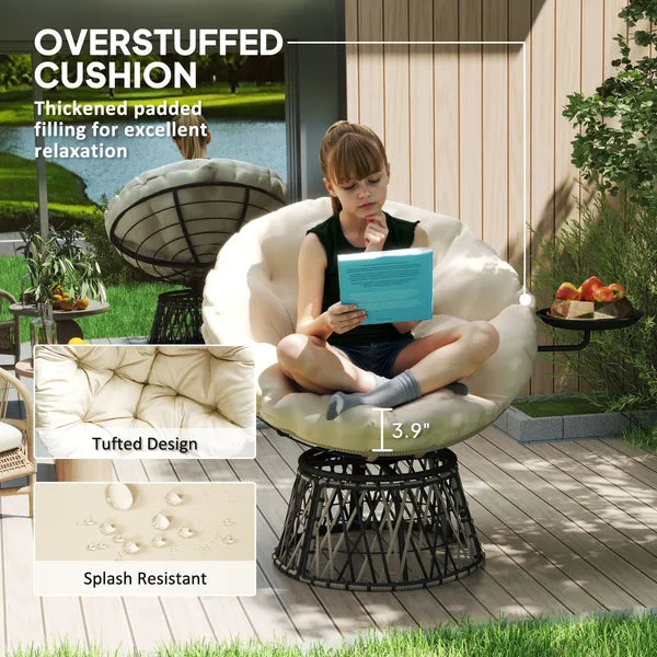 Outsunny 360 Degree Swivel Outdoor Papasan Chair, Overstuffed Circle Chair with Side Tray, Thickened Cushion for Indoor, Patio, Beige - product image 6