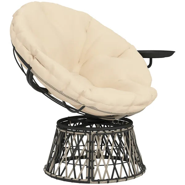 Outsunny 360 Degree Swivel Outdoor Papasan Chair, Overstuffed Circle Chair with Side Tray, Thickened Cushion for Indoor, Patio, Beige - product image 1