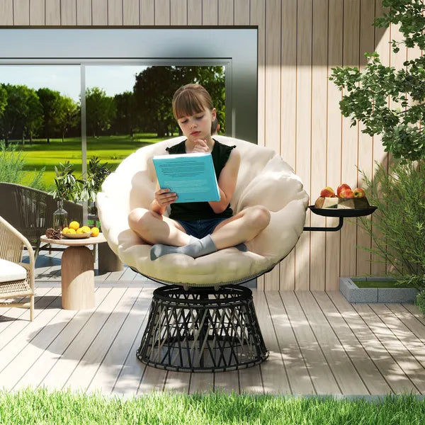 Outsunny 360 Degree Swivel Outdoor Papasan Chair, Overstuffed Circle Chair with Side Tray, Thickened Cushion for Indoor, Patio, Beige - product image 2