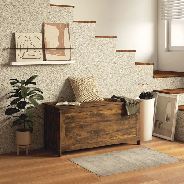 HOMCOM 39.4" Storage Trunk with 2 Safety Hinges, Wooden Storage Bench with Side Handles, Storage Chest for Playroom, Rustic Brown - product image 2