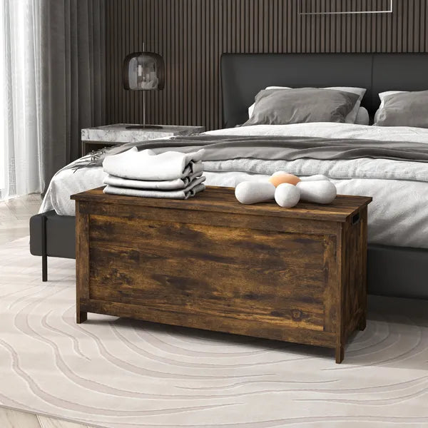 HOMCOM 39.4" Storage Trunk with 2 Safety Hinges, Wooden Storage Bench with Side Handles, Storage Chest for Playroom, Rustic Brown - product image 10