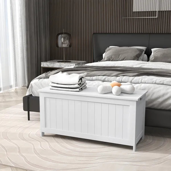 39.4" Storage Trunk with 2 Safety Hinges, Wooden Bench, Side Handles, Chest for Playroom, White - product image 10