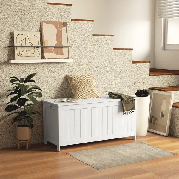 39.4" Storage Trunk with 2 Safety Hinges, Wooden Bench, Side Handles, Chest for Playroom, White - product image 2