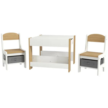 Qaba 3 Piece Children's Table and Chairs Set, Kids Table and Chair with Reversible Desktop, Storage, Bookshelves, Natural Wood - product image 1