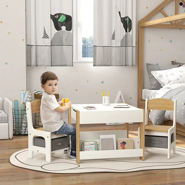 Qaba 3 Piece Children's Table and Chairs Set, Kids Table and Chair with Reversible Desktop, Storage, Bookshelves, Natural Wood - product image 2
