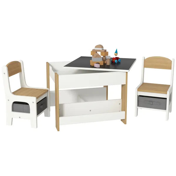 Qaba 3 Piece Children's Table and Chairs Set, Kids Table and Chair with Reversible Desktop, Storage, Bookshelves, Natural Wood - product image 11