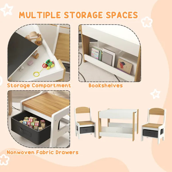 Qaba 3 Piece Children's Table and Chairs Set, Kids Table and Chair with Reversible Desktop, Storage, Bookshelves, Natural Wood - product image 6