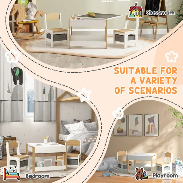 Qaba 3 Piece Children's Table and Chairs Set, Kids Table and Chair with Reversible Desktop, Storage, Bookshelves, Natural Wood - product image 7