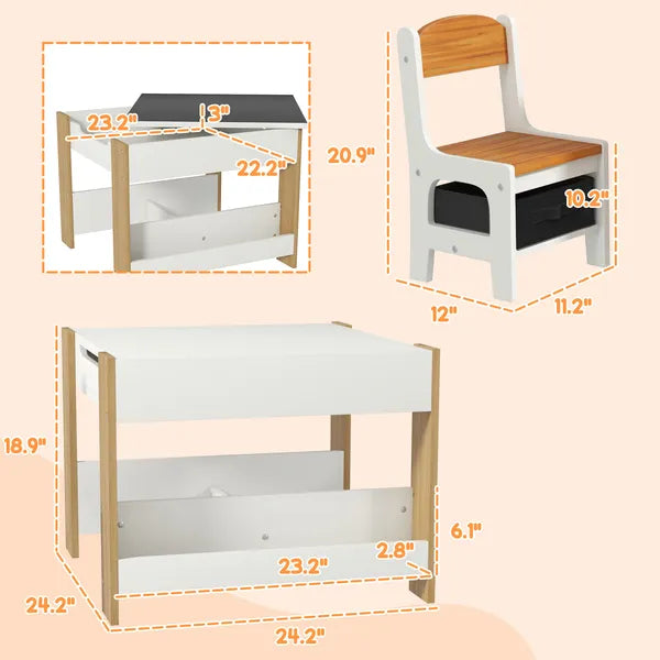Qaba 3 Piece Children's Table and Chairs Set, Kids Table and Chair with Reversible Desktop, Storage, Bookshelves, Natural Wood - product image 3