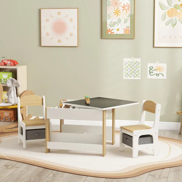 Qaba 3 Piece Children's Table and Chairs Set, Kids Table and Chair with Reversible Desktop, Storage, Bookshelves, Natural Wood - product image 10