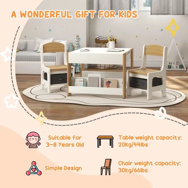 Qaba 3 Piece Children's Table and Chairs Set, Kids Table and Chair with Reversible Desktop, Storage, Bookshelves, Natural Wood - product image 5