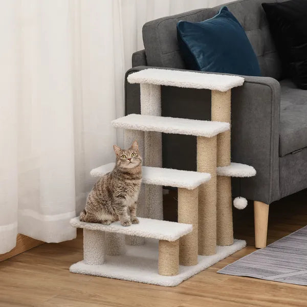 PawHut 4-Level Pet Stairs Cat Steps Carpeted Ladder Ramp Kitten Tree Climber Scratching Posts Hanging Play Ball for Bed Sofa White - product image 2