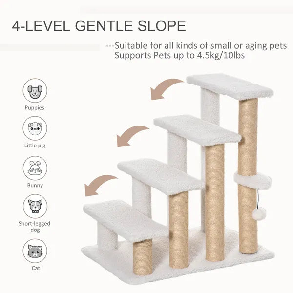 PawHut 4-Level Pet Stairs Cat Steps Carpeted Ladder Ramp Kitten Tree Climber Scratching Posts Hanging Play Ball for Bed Sofa White - product image 4