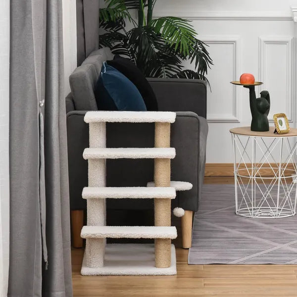 PawHut 4-Level Pet Stairs Cat Steps Carpeted Ladder Ramp Kitten Tree Climber Scratching Posts Hanging Play Ball for Bed Sofa White - product image 8