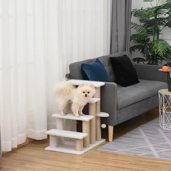 PawHut 4-Level Pet Stairs Cat Steps Carpeted Ladder Ramp Kitten Tree Climber Scratching Posts Hanging Play Ball for Bed Sofa White - product image 10