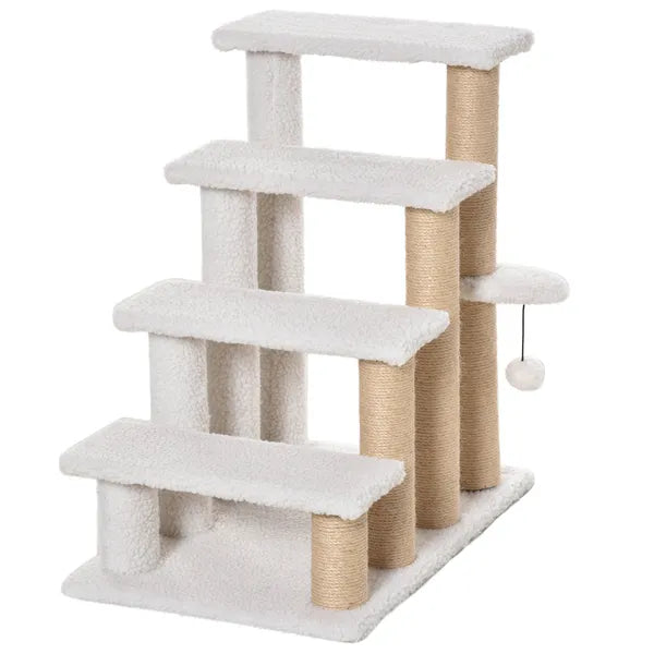 PawHut 4-Level Pet Stairs Cat Steps Carpeted Ladder Ramp Kitten Tree Climber Scratching Posts Hanging Play Ball for Bed Sofa White - product image 1