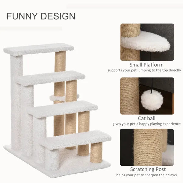 PawHut 4-Level Pet Stairs Cat Steps Carpeted Ladder Ramp Kitten Tree Climber Scratching Posts Hanging Play Ball for Bed Sofa White - product image 5