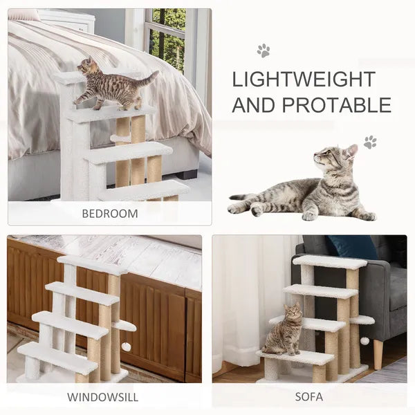 PawHut 4-Level Pet Stairs Cat Steps Carpeted Ladder Ramp Kitten Tree Climber Scratching Posts Hanging Play Ball for Bed Sofa White - product image 7