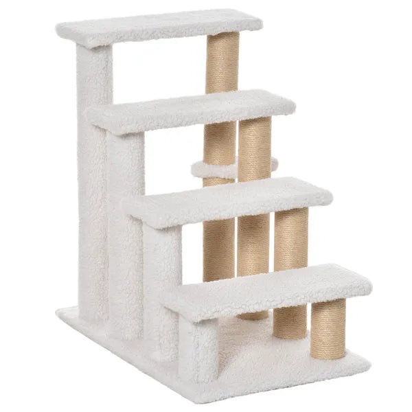 PawHut 4-Level Pet Stairs Cat Steps Carpeted Ladder Ramp Kitten Tree Climber Scratching Posts Hanging Play Ball for Bed Sofa White - product image 11