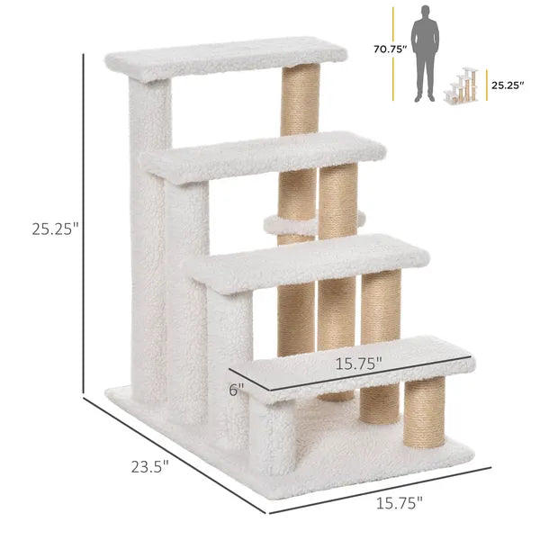 PawHut 4-Level Pet Stairs Cat Steps Carpeted Ladder Ramp Kitten Tree Climber Scratching Posts Hanging Play Ball for Bed Sofa White - product image 3