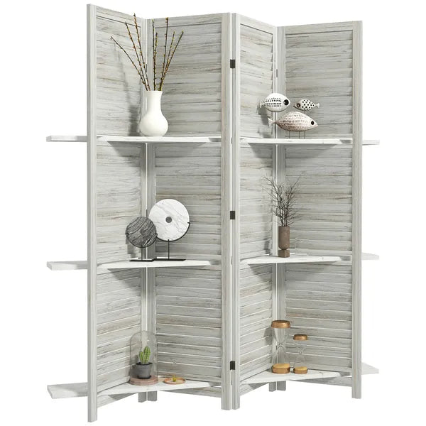 HOMCOM 4 Panel 67" Tall Wood Privacy Screen Room Divider with 3 Shelves and Folding Storage for Bedroom, Distressed White - product image 11