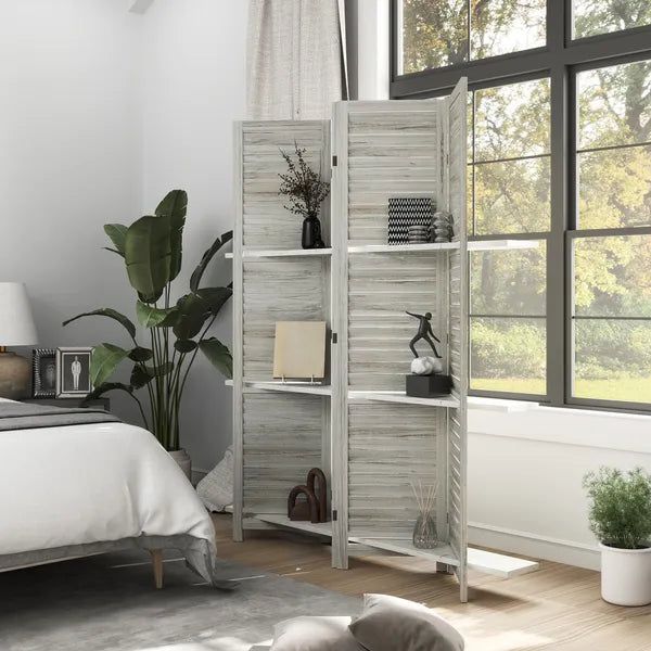 HOMCOM 4 Panel 67" Tall Wood Privacy Screen Room Divider with 3 Shelves and Folding Storage for Bedroom, Distressed White - product image 2