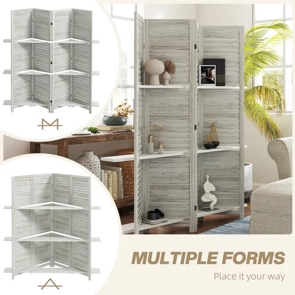 HOMCOM 4 Panel 67" Tall Wood Privacy Screen Room Divider with 3 Shelves and Folding Storage for Bedroom, Distressed White - product image 7