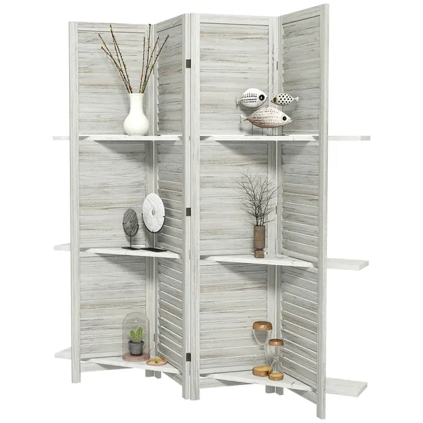 HOMCOM 4 Panel 67" Tall Wood Privacy Screen Room Divider with 3 Shelves and Folding Storage for Bedroom, Distressed White - product image 1